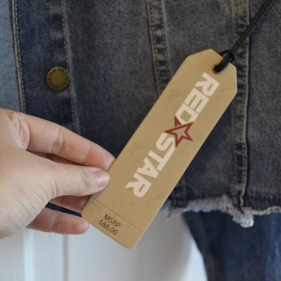 Red Star Cropped Raw Hem Medium Wash Denim Jean Jacket NWtT - Picture 6 of 10
